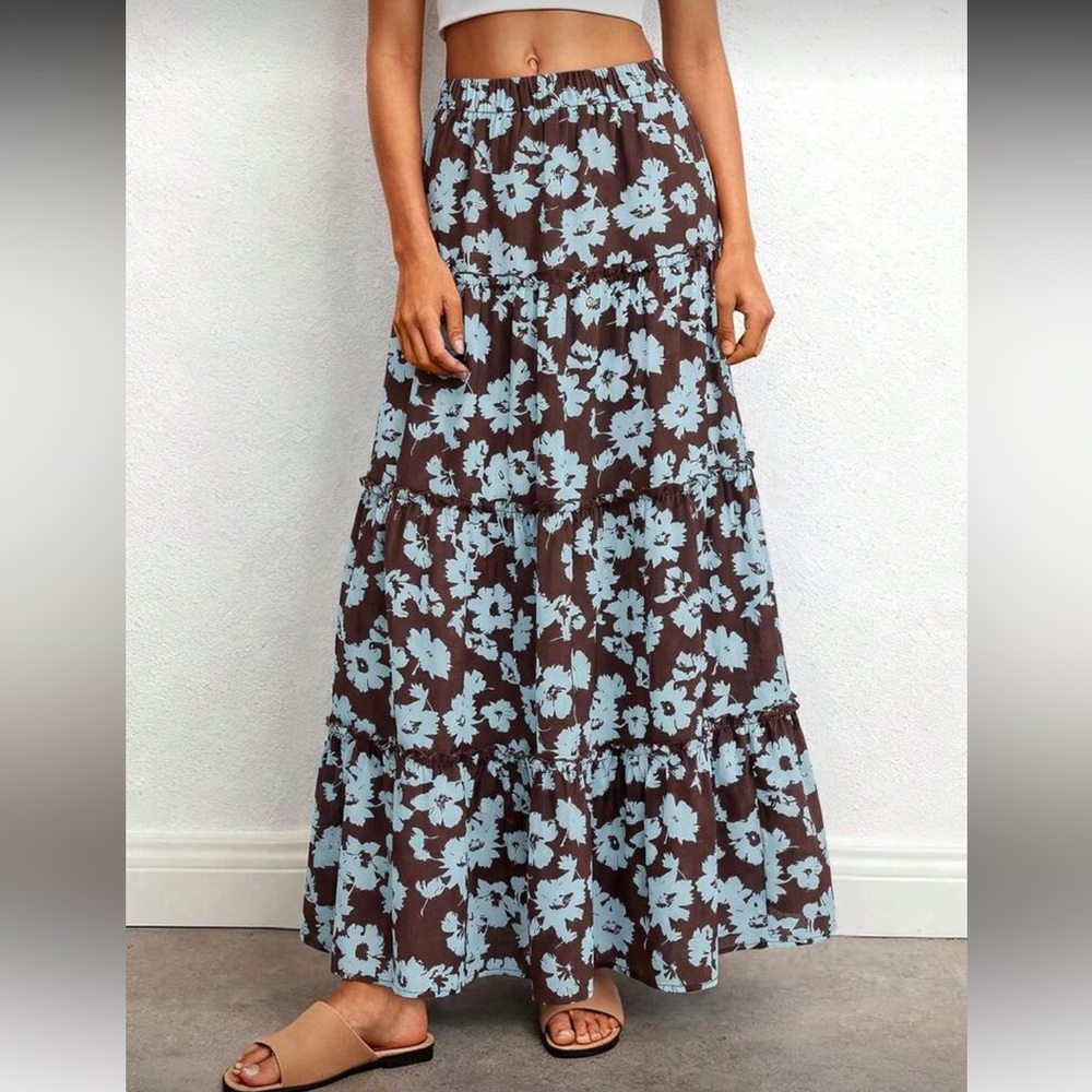 Floral Brown and Blue Maxi Skirt